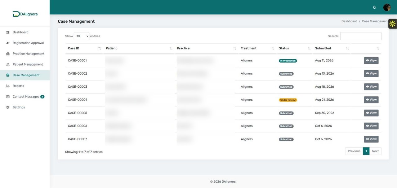 DAligners admin portal case management table showing dental aligner cases across all clinics