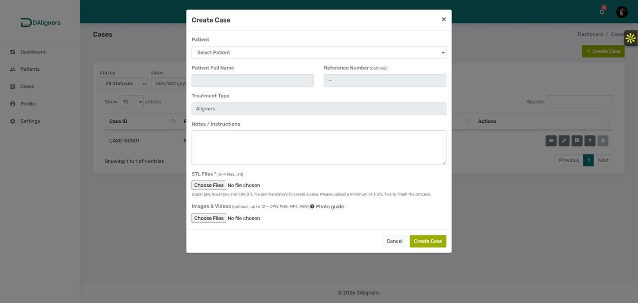 DAligners clinic portal create case form with mandatory STL file upload for dental aligner cases