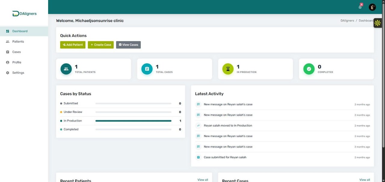DAligners clinic portal dashboard built by Devvista showing a dental practice's patients and cases by status