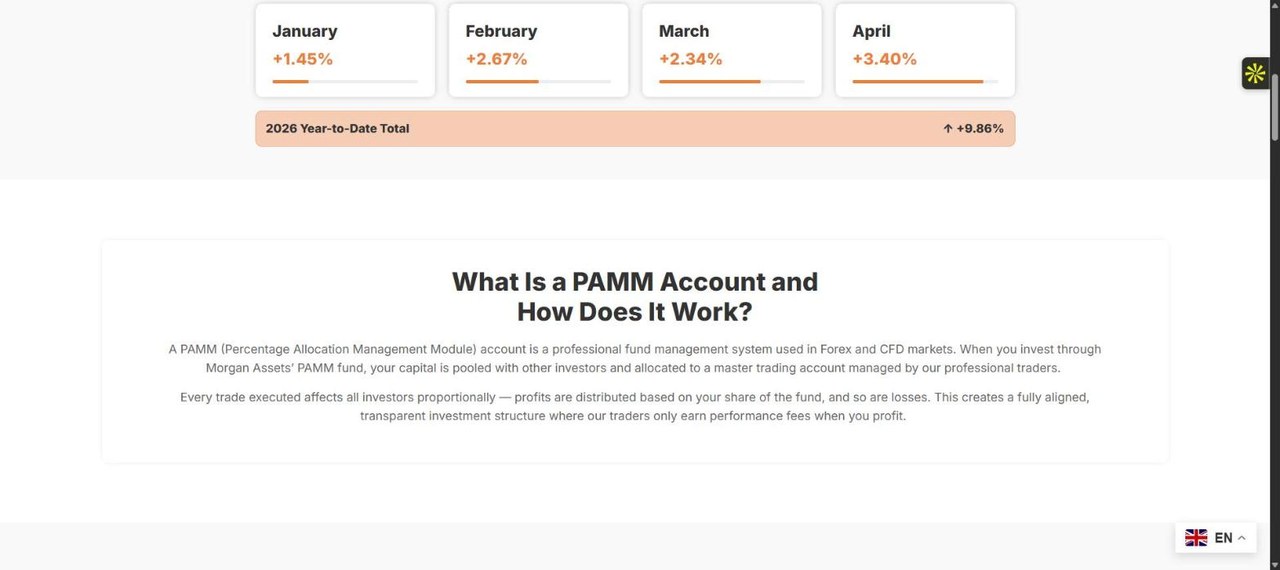 Morgan Assets PAMM fund monthly performance section built by Devvista on WordPress with Elementor