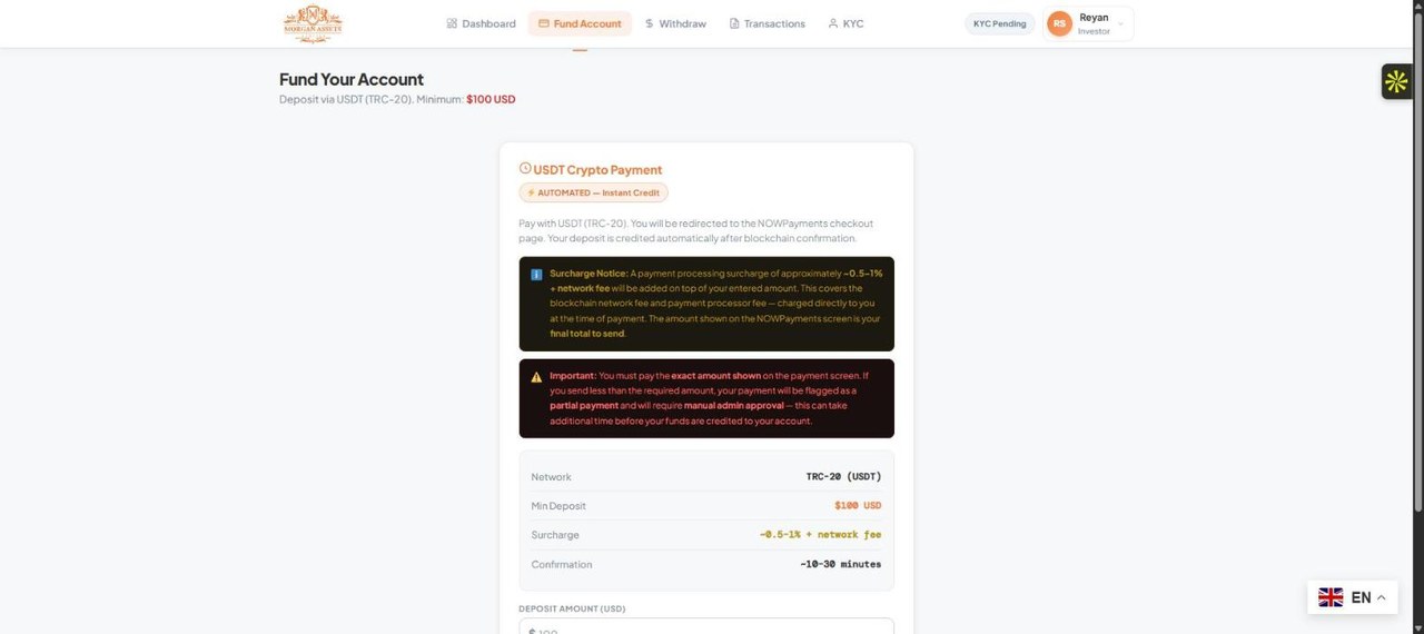 Morgan Assets investor portal fund account page with USDT crypto deposit via NOWPayments integration