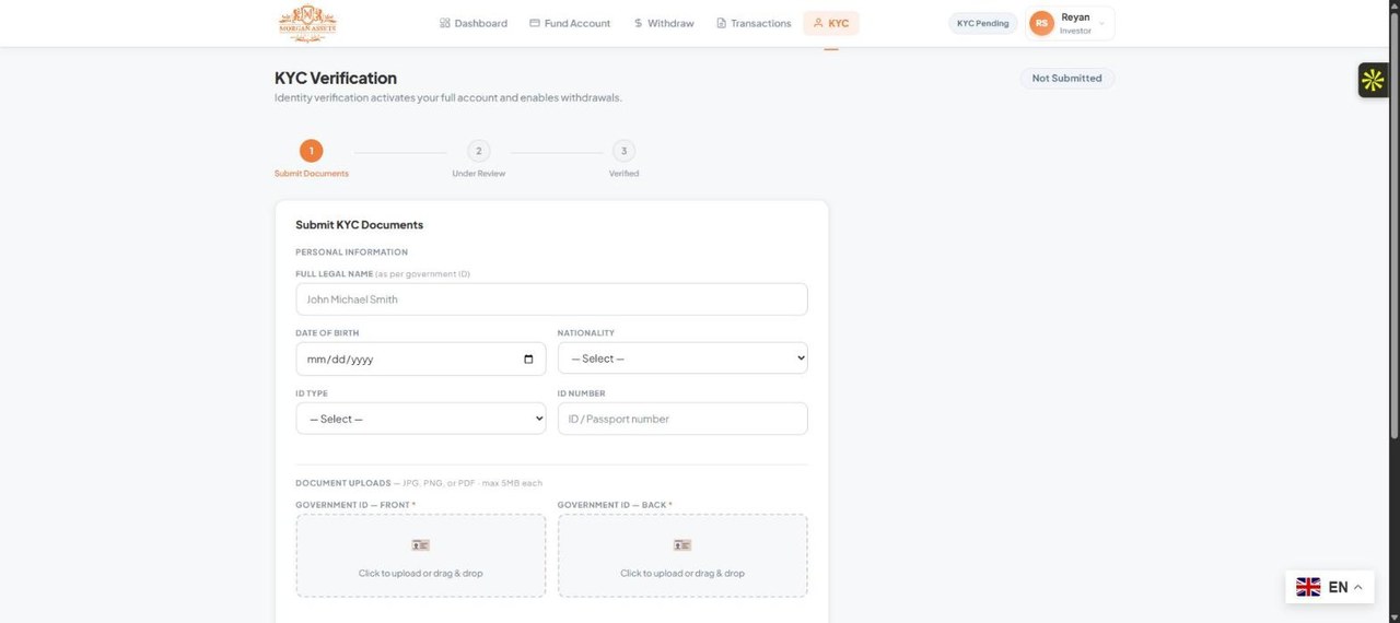 Morgan Assets investor portal KYC identity verification page with government ID document upload