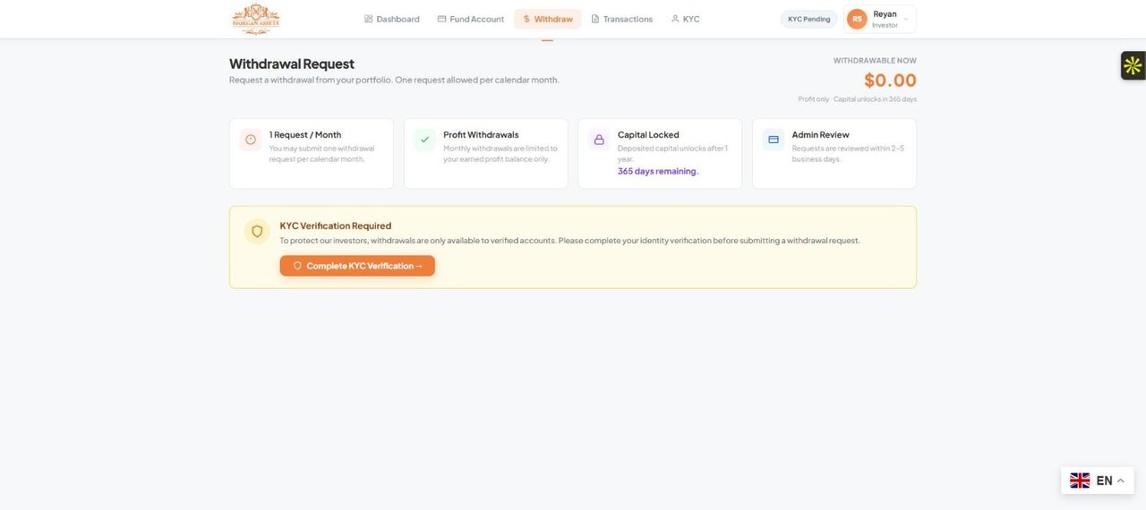 Morgan Assets investor portal withdrawal request page with KYC verification and capital lock rules