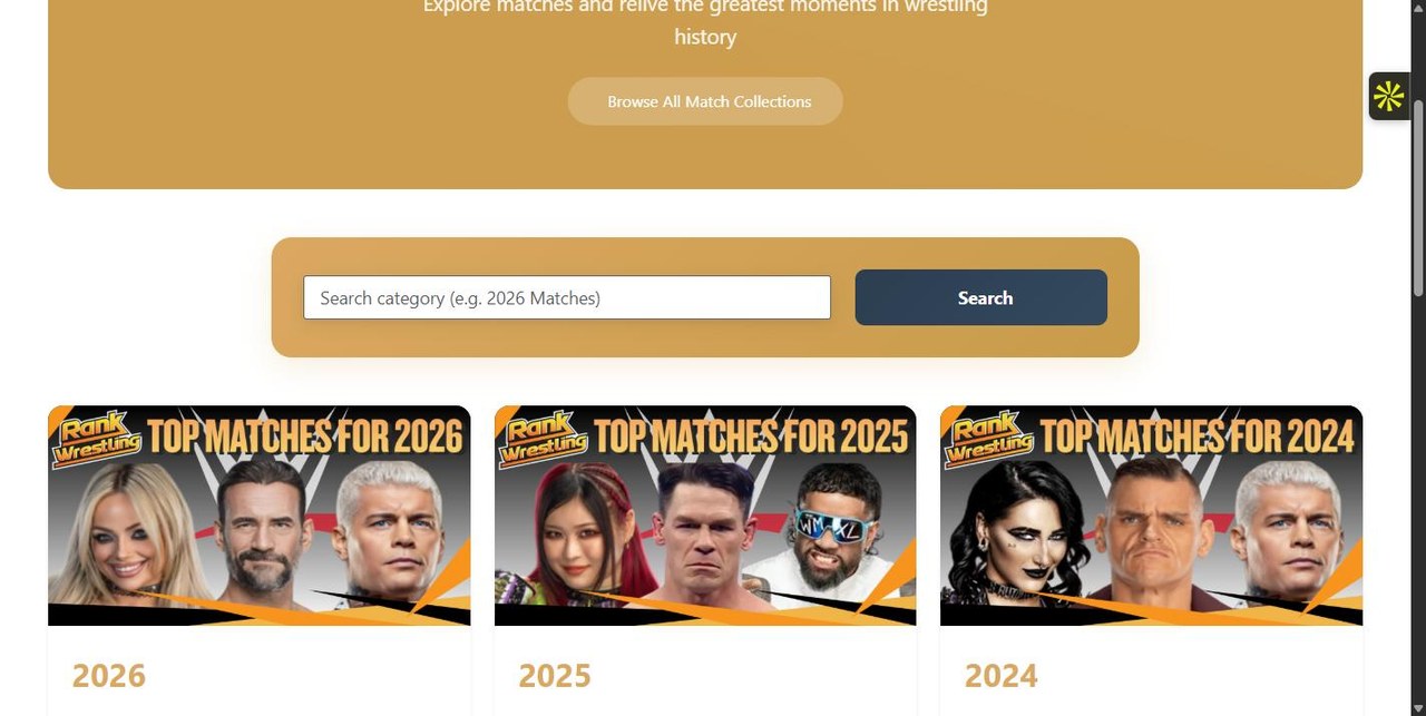 RankWrestling match database built by Devvista showing match collections by year with wrestler imagery