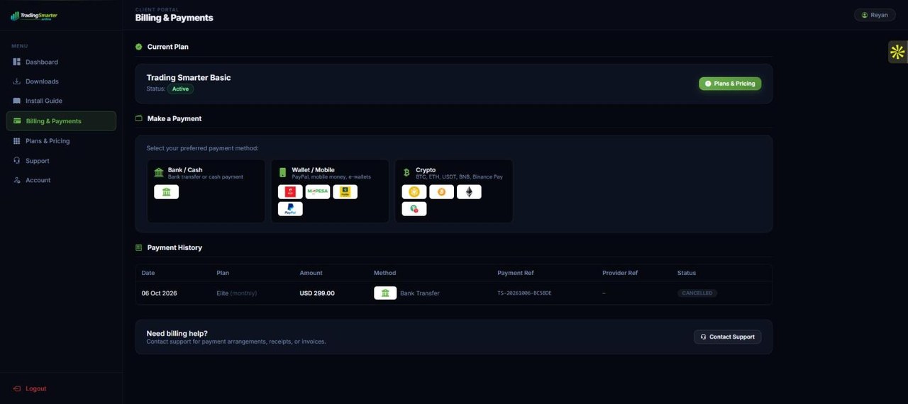 TradingSmarter member portal billing and payments page with bank, wallet and crypto payment methods