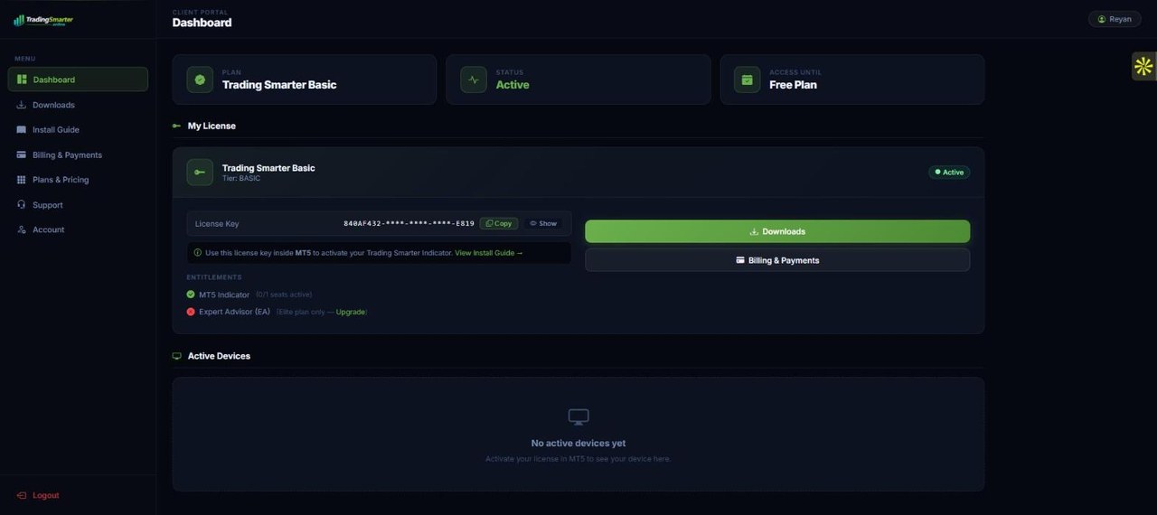 TradingSmarter member portal dashboard built by Devvista showing MT5 licence key, plan status and entitlements
